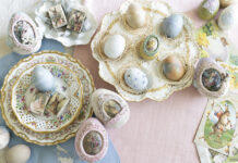 An overhead view of an elegant Easter tablescape featuring pastel eggs arranged in decorative nests on ornate china plates, surrounded by vintage postcards and embellished eggs with floral and rabbit motifs.