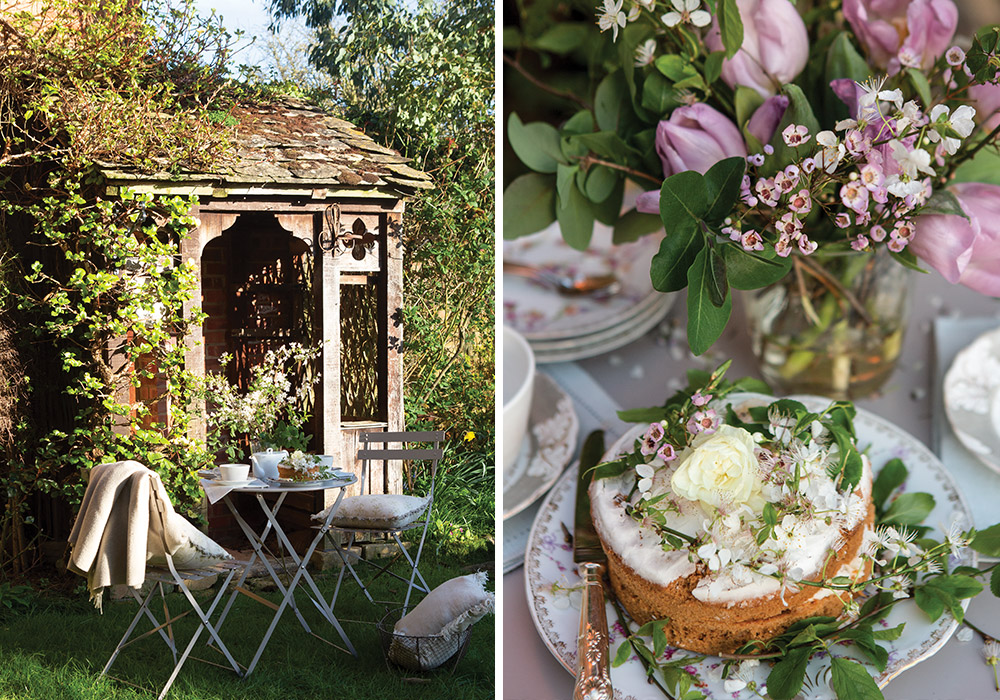 Charming garden vignette featuring a rustic wooden gazebo entwined with greenery, beside a small bistro table set for tea; paired with a close view of a flower-adorned cake and delicate spring arrangement in soft pinks and whites on a porcelain table setting.