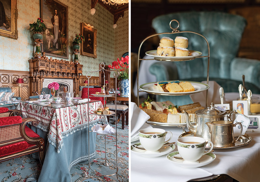 Left: An elegant tearoom with carved wood paneling, patterned wallpaper, and a fireplace hosts a beautifully set table dressed in floral linens, fine china, and tiered stands for afternoon tea. Right: A classic afternoon tea service features a tiered tray of scones, finger sandwiches, and cakes alongside polished silver teapots and delicate china cups on a white-clothed table.