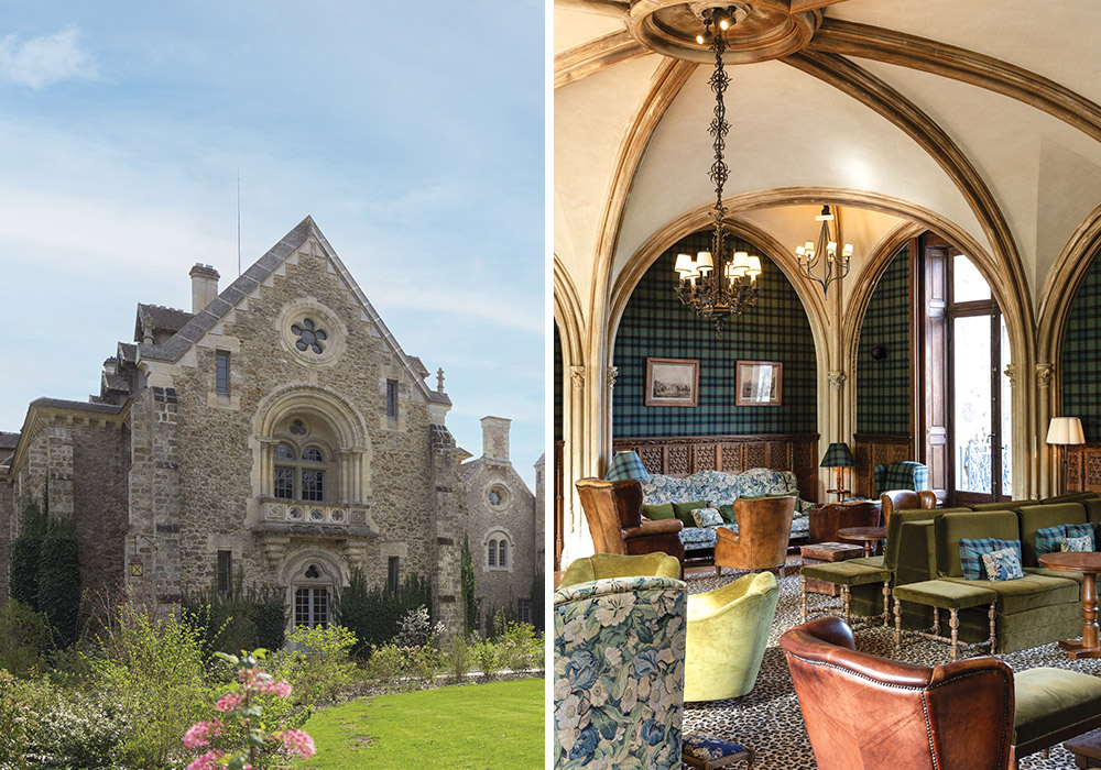 Stone manor house with Gothic Revival details, featuring arched windows and a circular rose window, set amid a manicured garden; adjacent interior shows a vaulted, ribbed ceiling with chandeliers above a cozy sitting room filled with plaid upholstery, leather chairs, and warm wood accents.