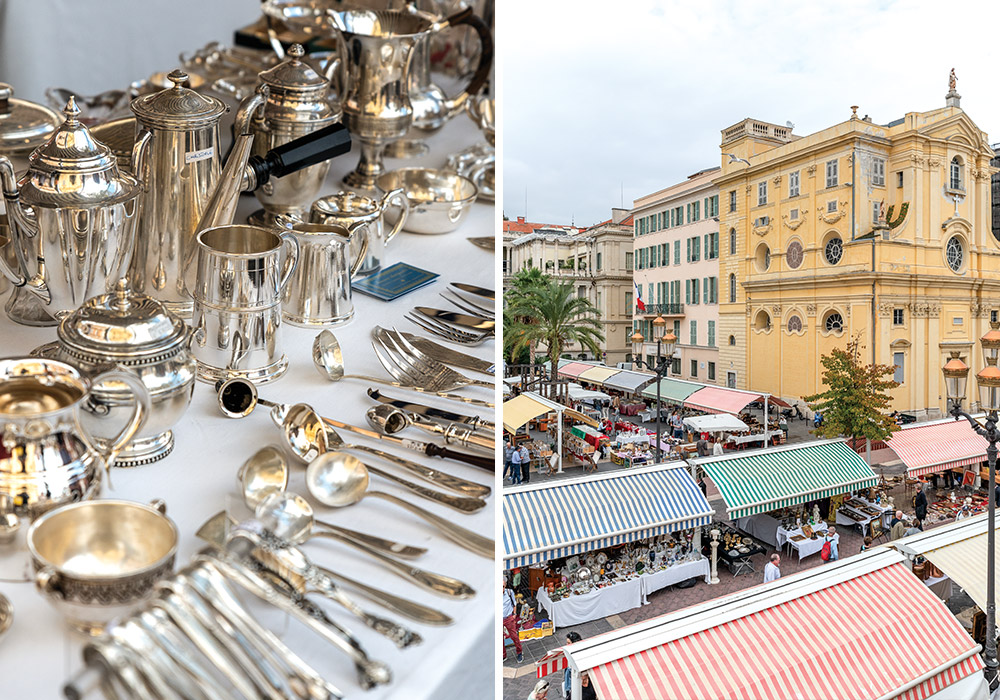 Collection of polished silver teapots, serving pieces, and flatware arranged on a table; paired with a lively European-style outdoor market set beneath striped awnings beside a pale yellow historic building.