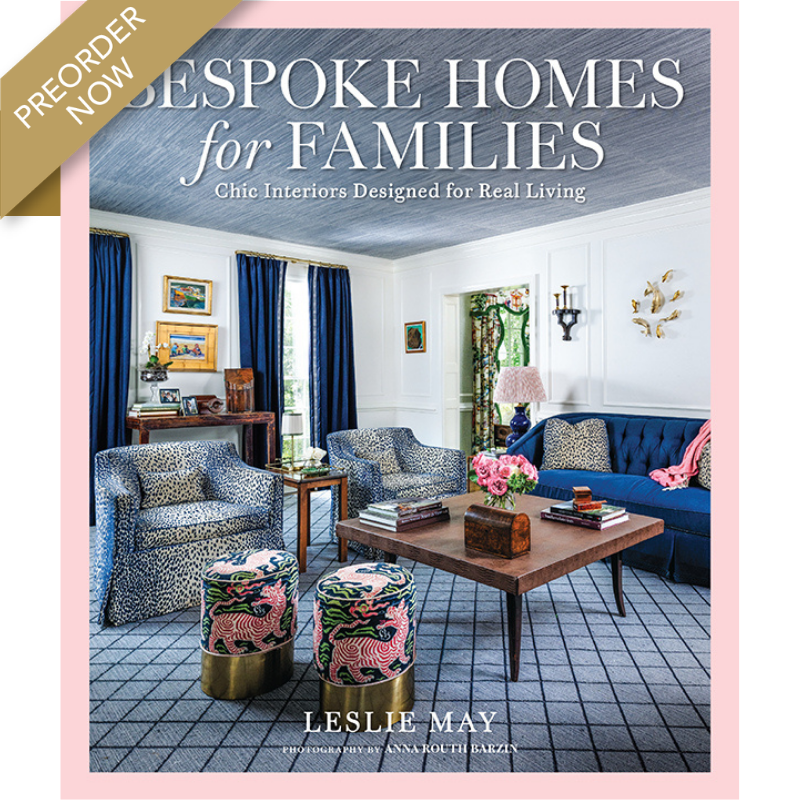 preorder_bespoke-homes - Victoria Book cover for 'Bespoke Homes for Families' featuring a chic blue-and-white living room, pink border, and a gold 'Preorder Now' ribbon.