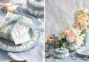 wedgwood queensware in blue collection with pink roses and small gifts