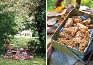 cottage picnic scene with close up of scones on the right