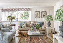 image of cottage living room with yellow dog