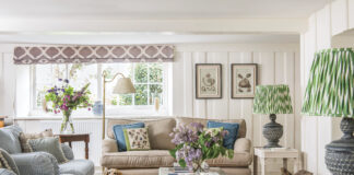 image of cottage living room with yellow dog