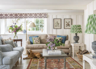 image of cottage living room with yellow dog