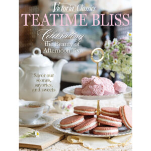 Teatime Bliss cover: pink macarons on a two-tier stand, teapot, teacup, flowers, and an open book for an afternoon tea theme.