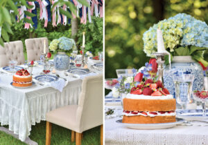 web-food - Victoria outdoor red, white, and blue tablescape with ribbon garland and strawberry cake