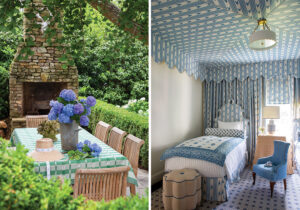 web-hosue - Victoria left: outdoor table with blue hydrangea arranement and outdoor fireplace. Right: blue and white bedroom with twin bed