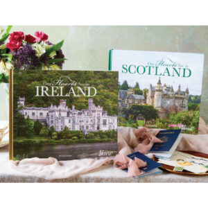 Our Hearts are in Ireland and Our Hearts are in Scotland books bundled on table with florals and passport