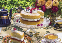 colorful tea service with cake with jam and cream filling cut with one slice