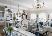 blue and white elevated living room