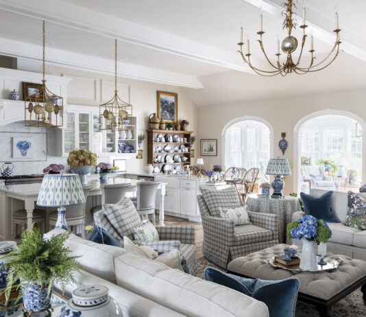 blue and white elevated living room
