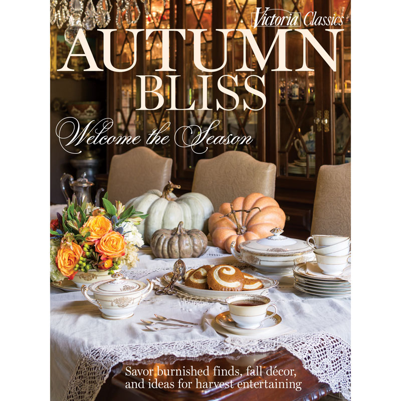 800x800VIC_AutumnBliss_26_orig - Victoria Victoria Classics magazine cover for Autumn Bliss, featuring a fall tea table with pumpkins, flowers, and fine china.