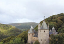aerial shot of castle coch in the tree
